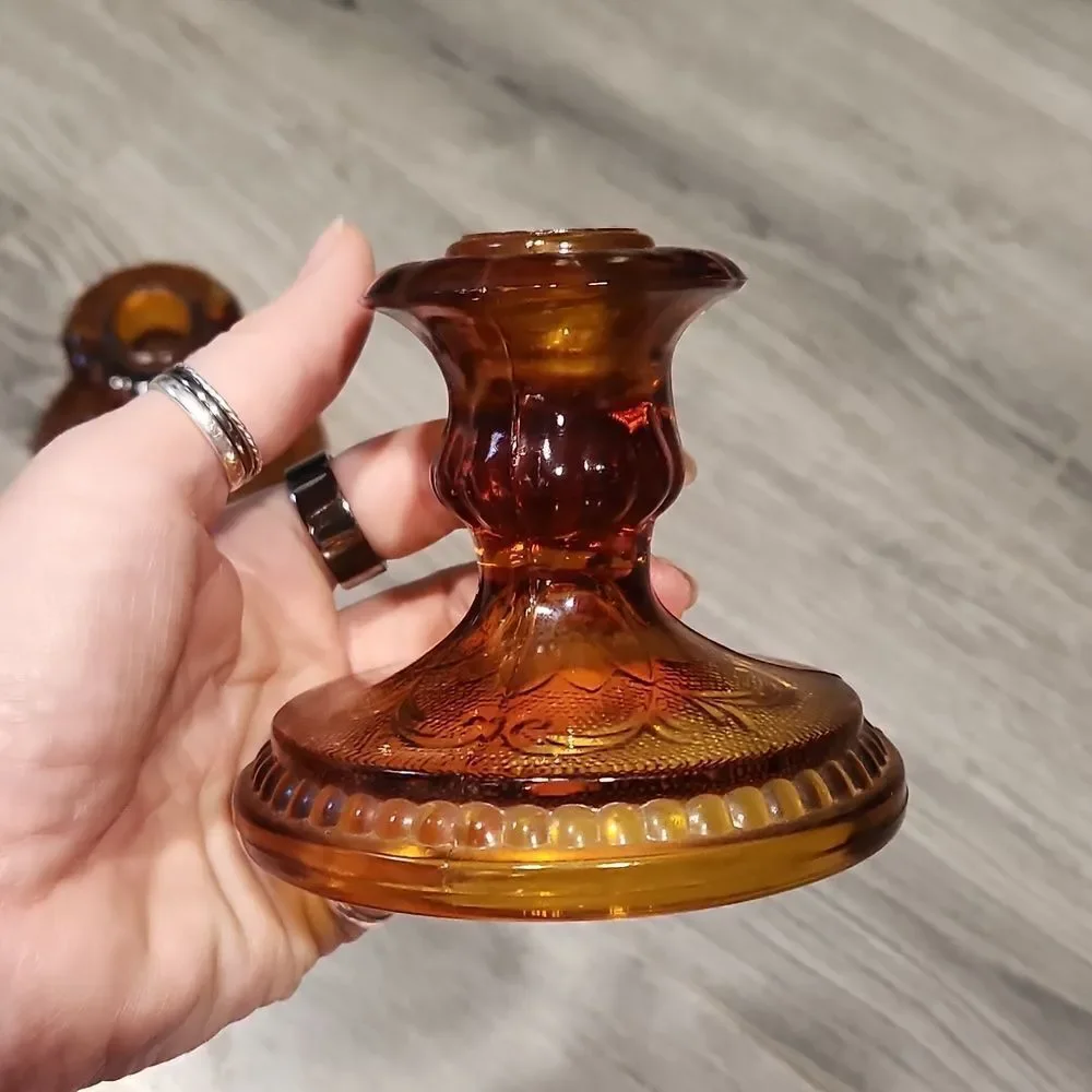 Vintage Set Of 2 Amber Tiara Indiana Glass Short Candlesticks